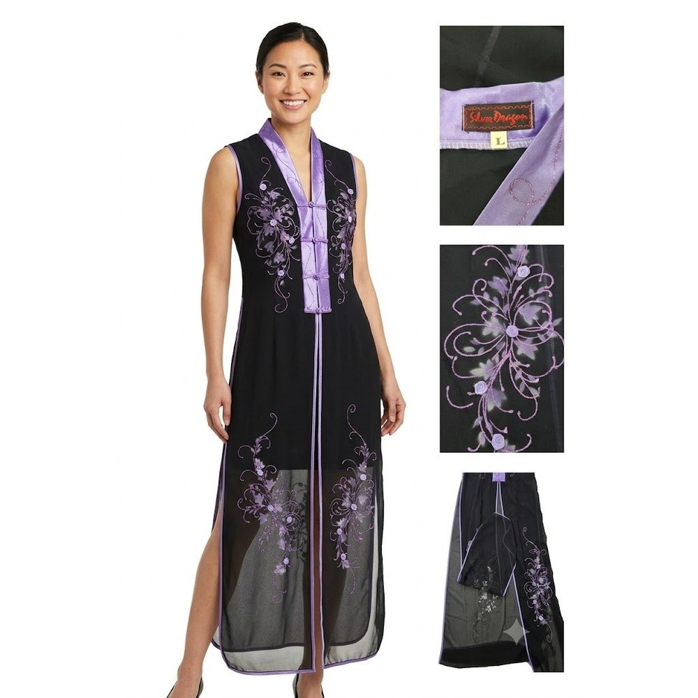 Vintage Silver Dragon Womens Large Black Purple Mesh Overlay Cheongsam Dress Y2K